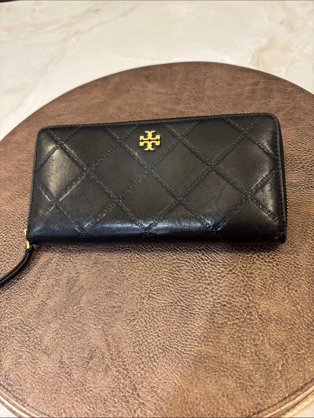 Tory Burch Black Quilted Leather Zip Wallet with Gold Logo